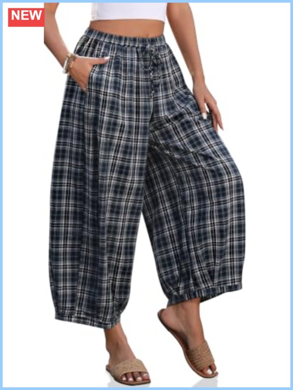 Wide Leg Plaid Pants with Pockets Cotton Linen Drawstring High Waist Womens